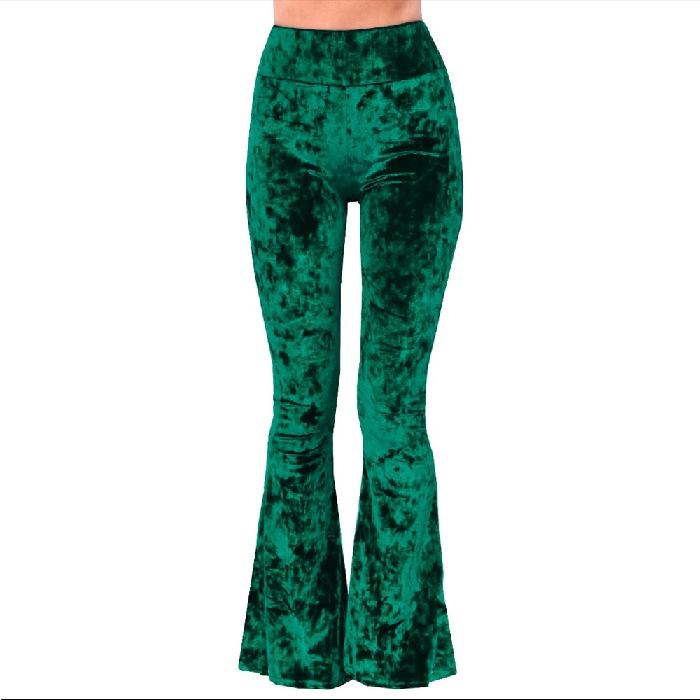 Green crushed velvet bell bottom pants